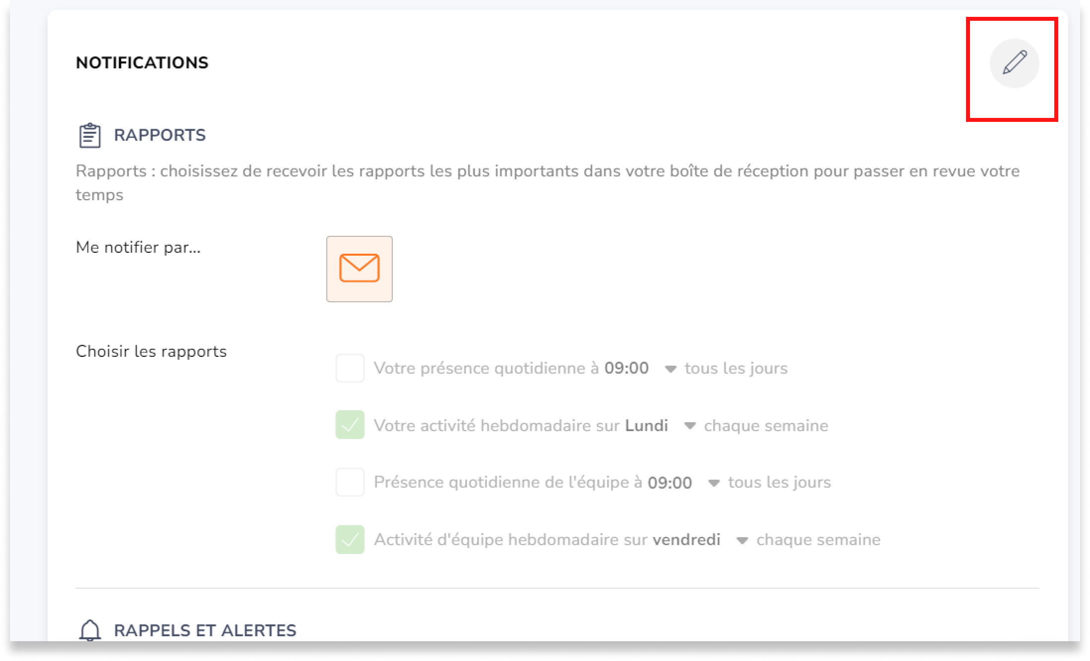 Faites défiler vers le bas jusqu'à la section Notifications et cliquez sur l'icône en forme de crayon. 