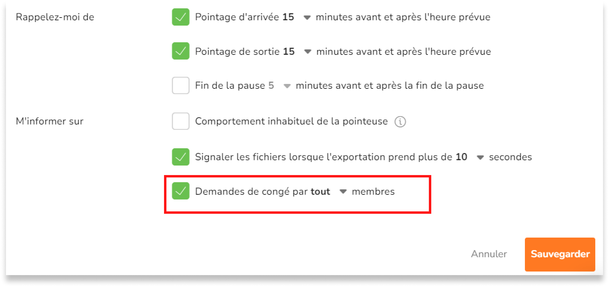 Dans la section Rappels et alertes, cochez la case Demande de congé. 