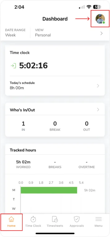 Viewing published payslips in Jibble - Mobile Home Screen