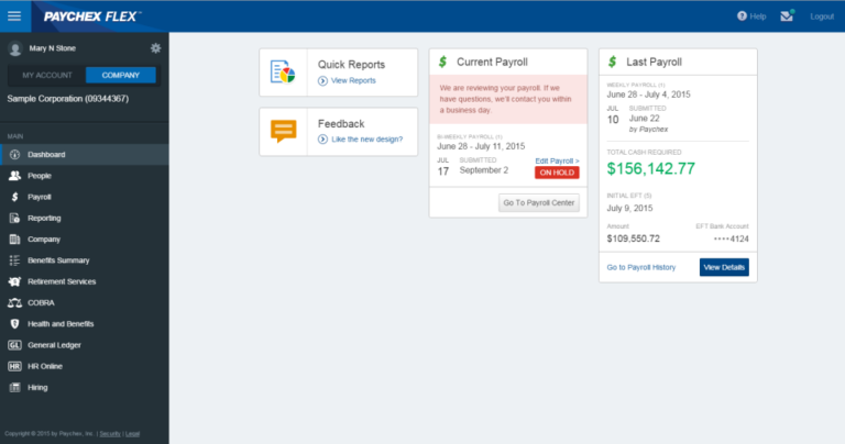 Paychex flex dashboard to view quick reports, feedback, current payroll and last payroll