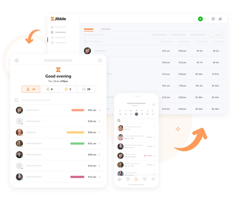 The Jibble time management software displayed on mobile and desktop.