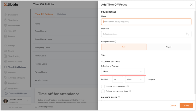 None and annual schedule of accrual for time off policies