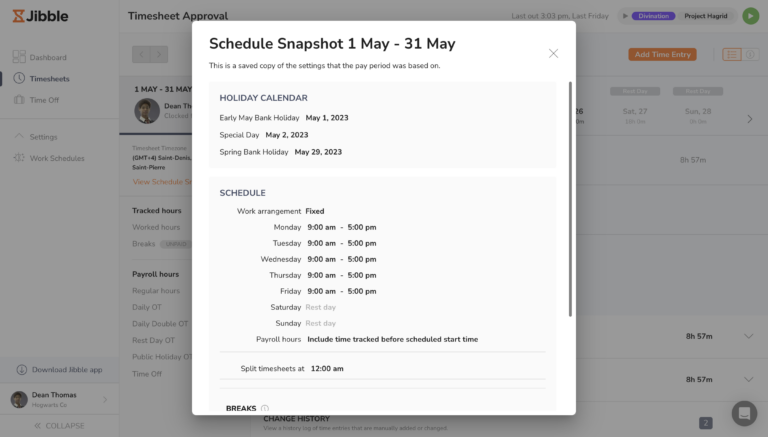 Schedule snapshot for members showing holiday and work schedule details