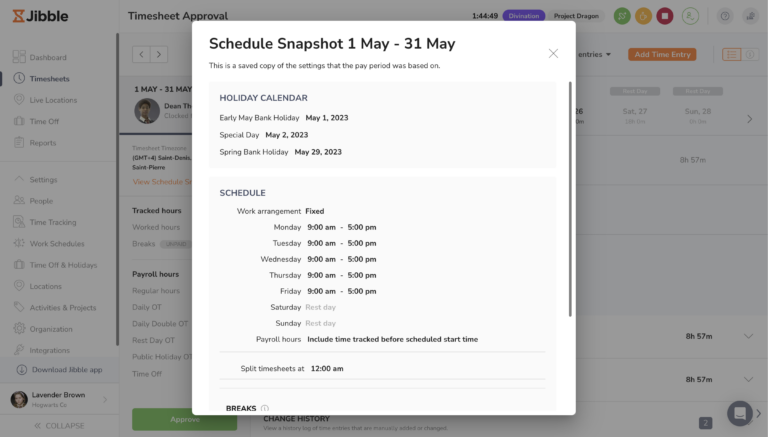 Schedule snapshot showing holiday and work schedule details for a specific pay period