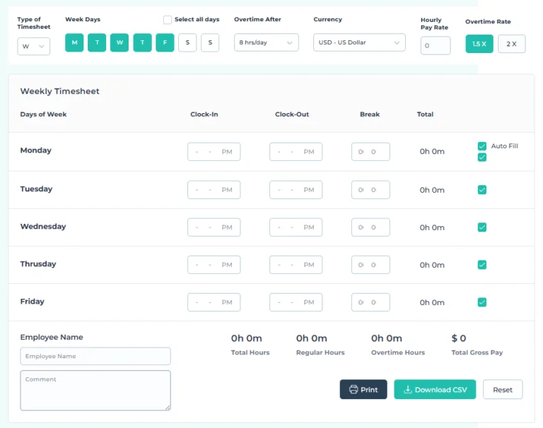 screenshot of apploye's FREE Time Card Calculator