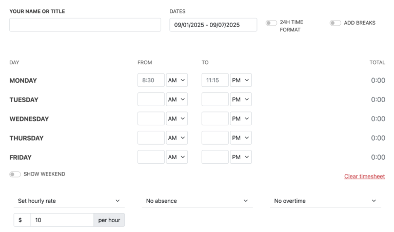 My Hours Time Card Calculator