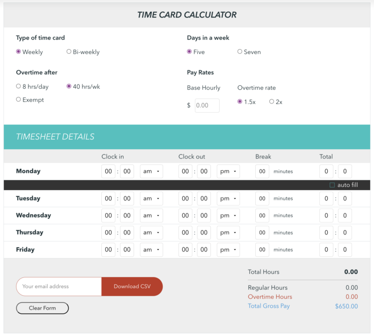 QuickBooks's biweekly time card calculator