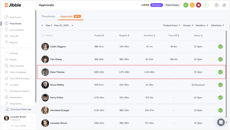 Selecting a member to view timesheet approvals on web app