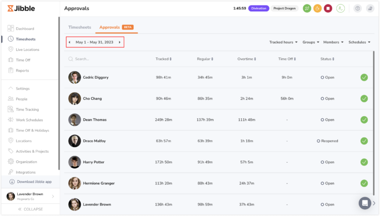 Selecting a pay period date range from approvals tab on web app