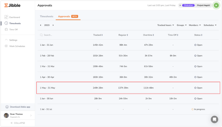 Selecting a pay period to view timesheet approvals for members on web app