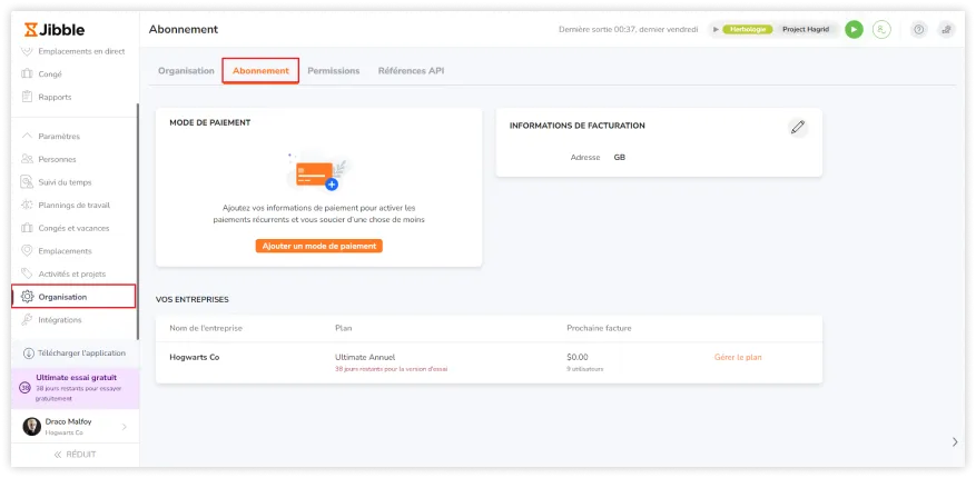 Subscription tab under Organization settings