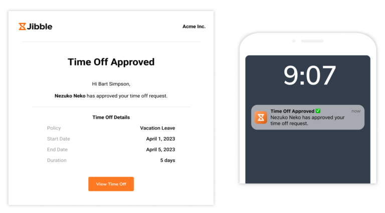 Time off alerts via email and push notification