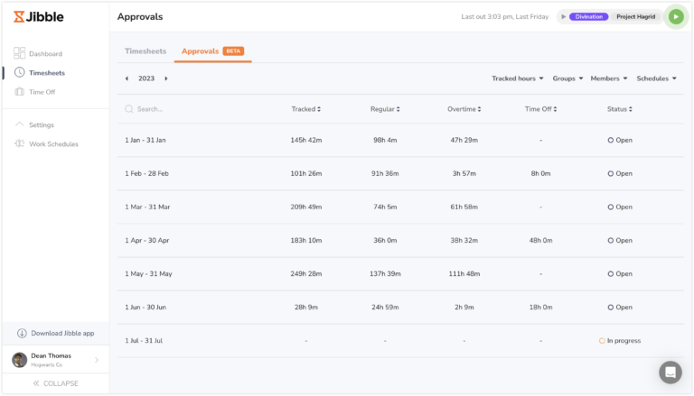 Timesheet approvals tab for members on web app