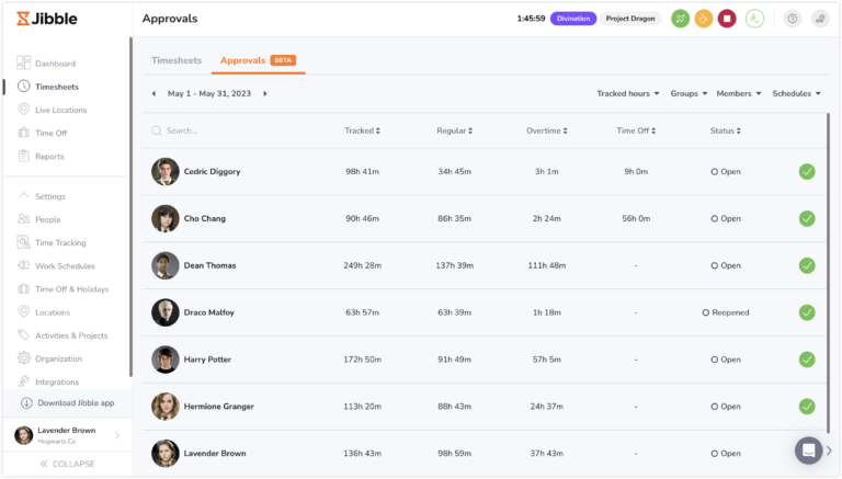 Timesheet approvals tab on web app