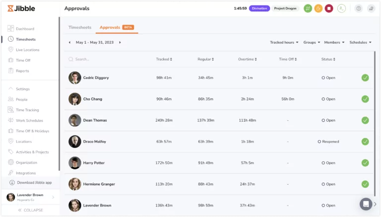 Timesheet approvals tab on web app