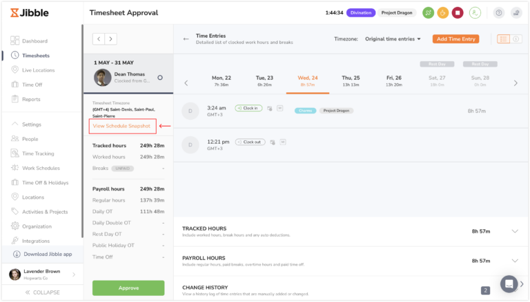 Viewing schedule snapshot for a team member via timesheet approvals on web app