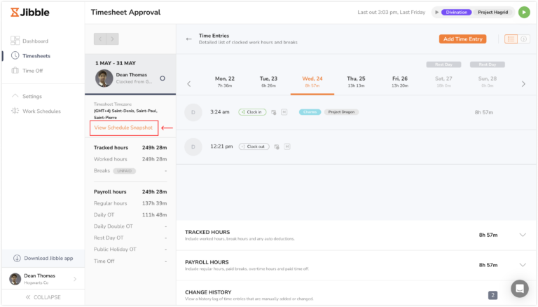 Viewing schedule snapshot via timesheet approvals for members on web app