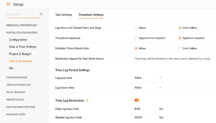 Timesheet Settings in Zoho Projects