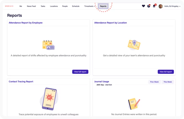 Deputy Reporting feature dashboard showing different varieties of reports such as Attendance Report by Employee, Attendance Report by Location, Contact Tracing Report, and Journal Usage.