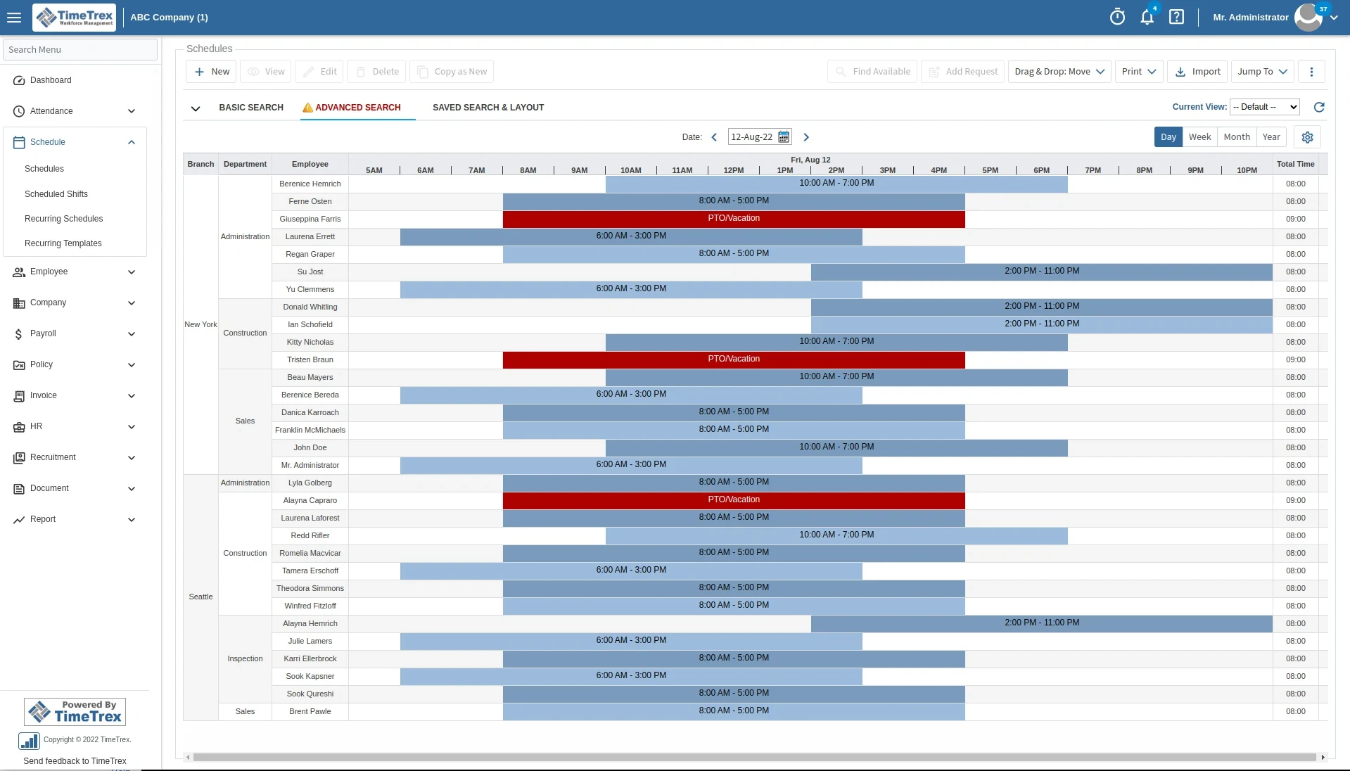 TimeTrex's dashboard.