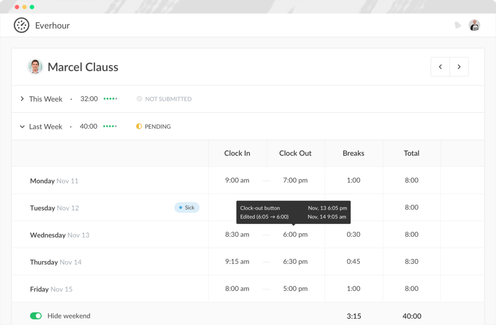 Employee clock in data with everhour