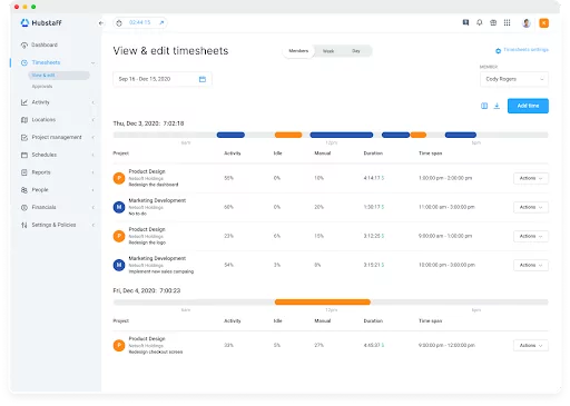 employee time and attendance data on Hubstaff