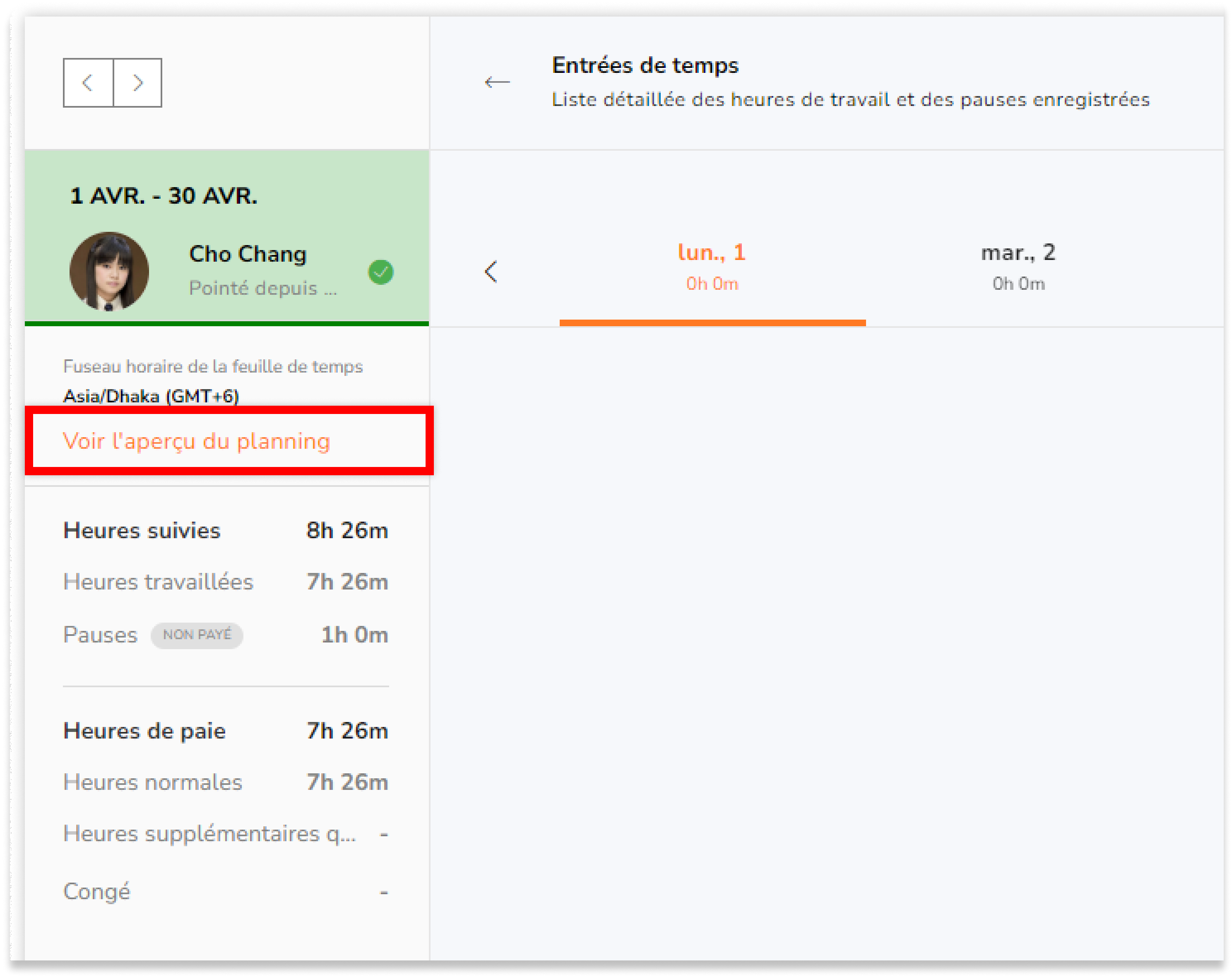 Dans le panneau de gauche, cliquez sur Afficher l'aperçu de planning. 