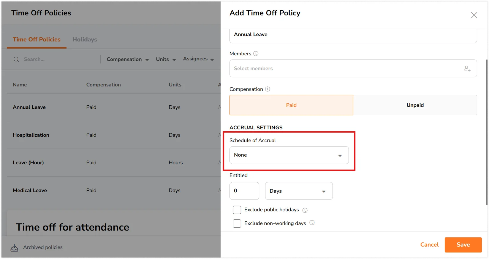 None and annual schedule of accrual for time off policies