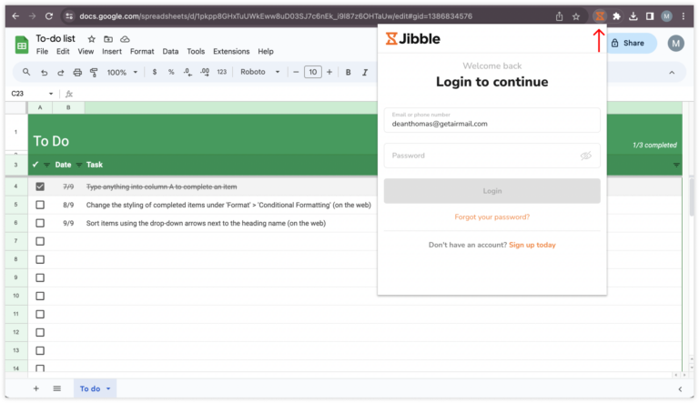 Accessing Jibble Chrome extension from the Chrome toolbar