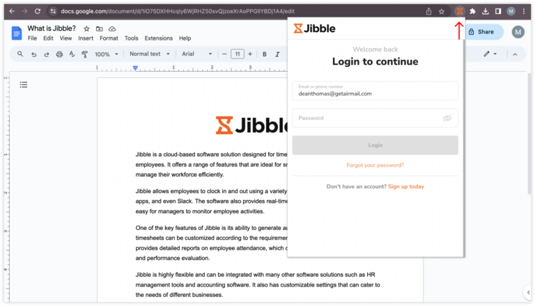 Accessing Jibble time tracking extension in Google Docs