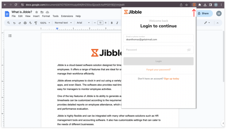 Acessando a extensão de controle de tempo do Jibble no Documentos Google