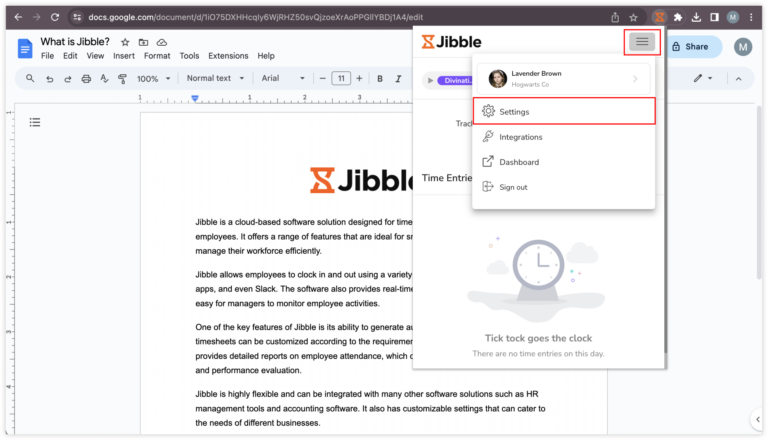 Acessando as configurações na extensão para Chrome no Documentos Google