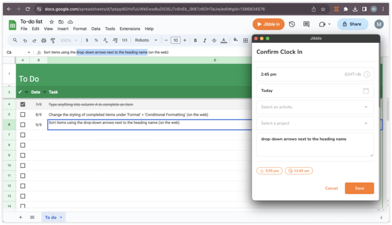 Clocking in with notes in Google Sheets