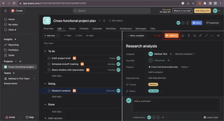 Clocking in via task view in Asana