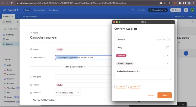 Clocking in with automatic notes in Airtable