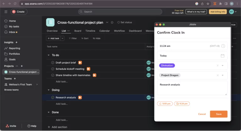 Confirming clock in entry in Asana