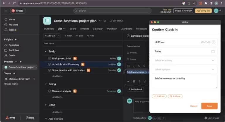 Confirm clock in with automatic notes in Asana