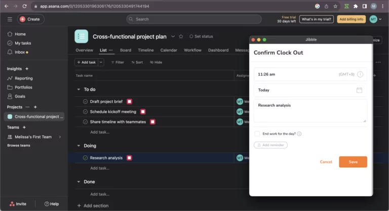 Confirming clock out entry in Asana