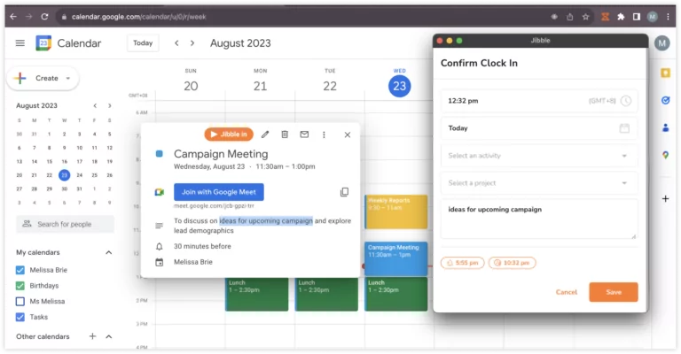 Confirm clock in with automatic notes in Google Calendar