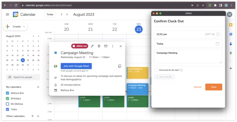 Confirming clock out entry in Google Calendar