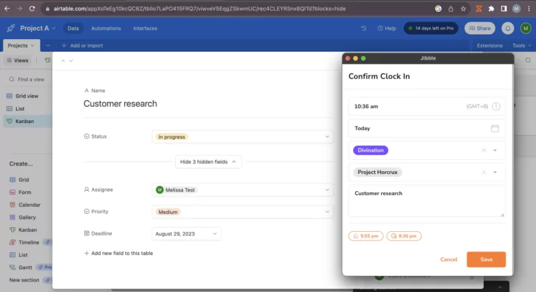 Confirming clock in entry in Airtable