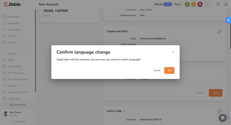 Confirming language preference on the web app
