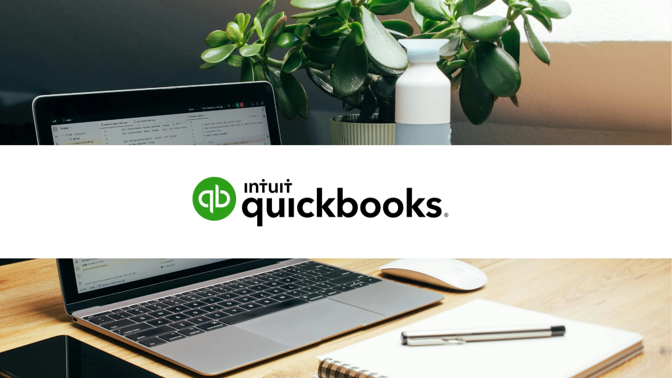 A laptop, coffee, and pen background with the Quickbooks logo.