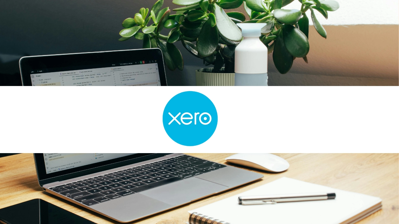A laptop, coffee, and pen background with the Xero logo.