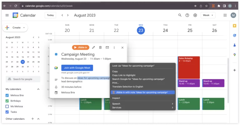 Highlight text in Google Calendar to clock in with notes
