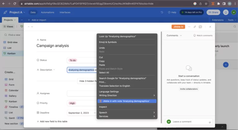 Selecione texto para registrar entrada com notas no Airtable