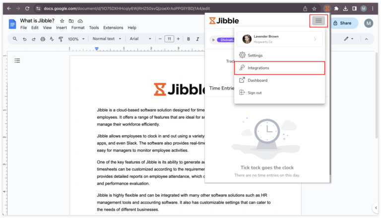 Acessando configurações de integração na extensão para Chrome no Documentos Google