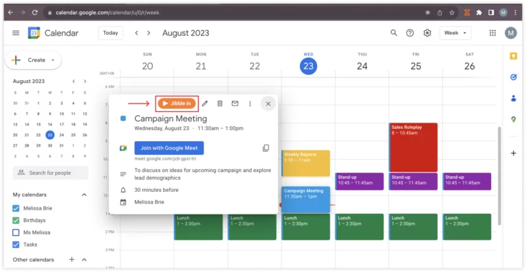 Clocking in via Jibble in button in Google Calendar