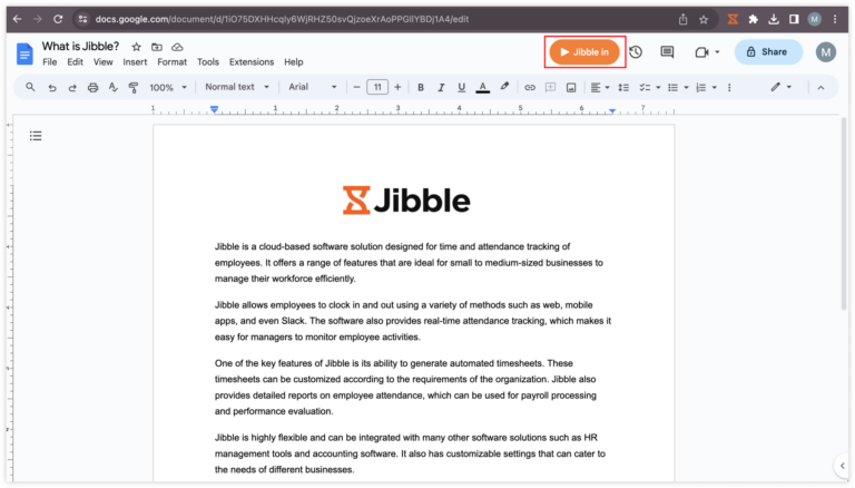 Botão de Jibble in no Documentos Google