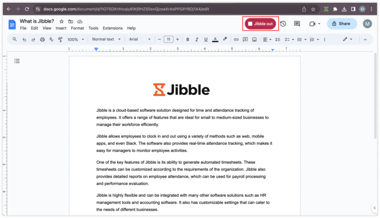 Botão de Jibble out no Documentos Google